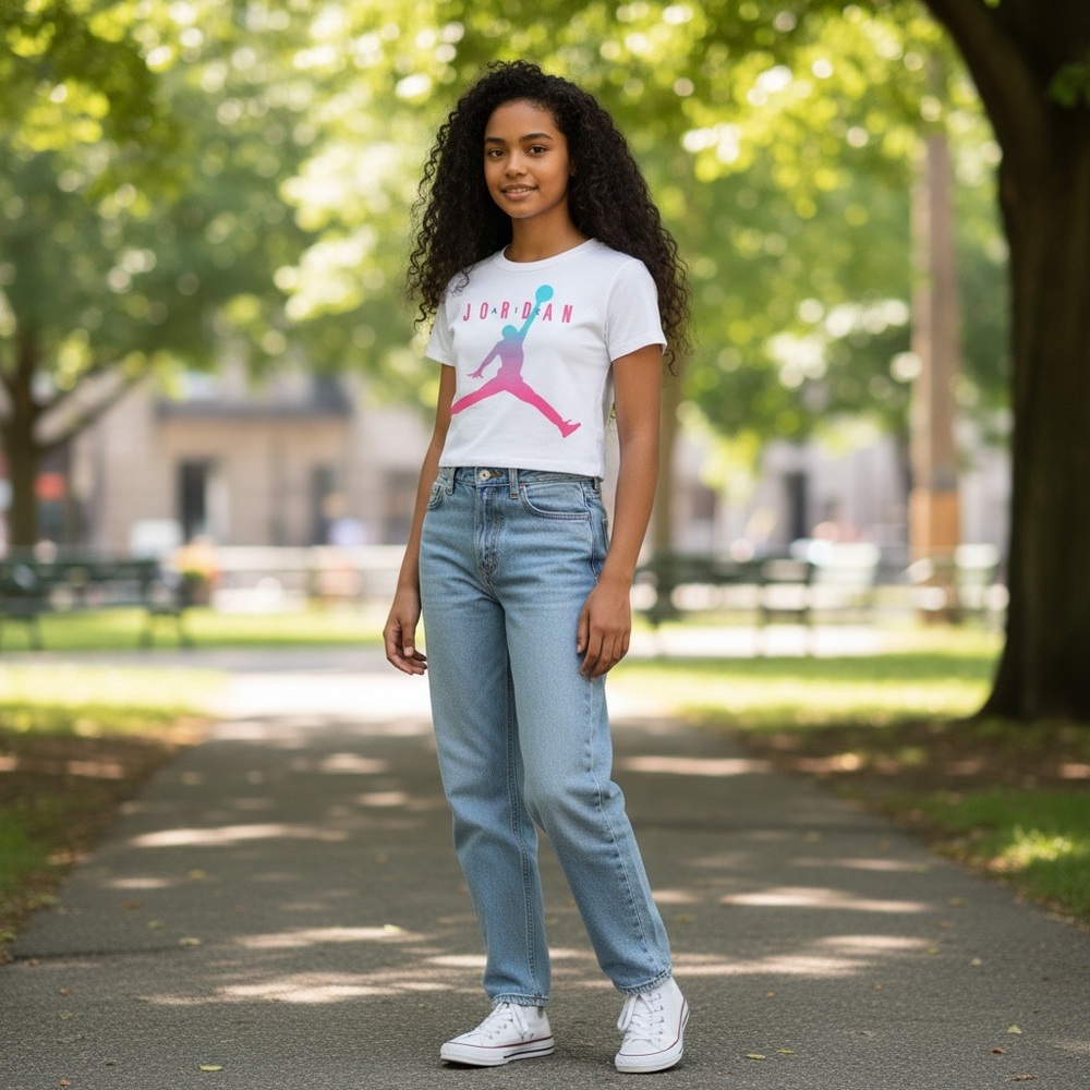 Girls Jordan White Tee with Pink and Blue Accents Size: Small (4 To 5 Years)